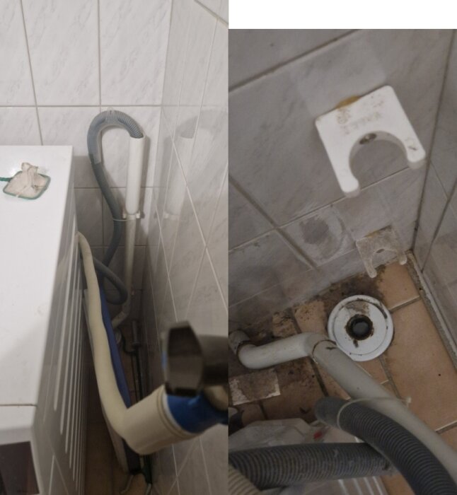 Två bilder av tvättmaskinens avloppsrör i dåligt skick med mögel runt avloppet och flera böjningar på röret.