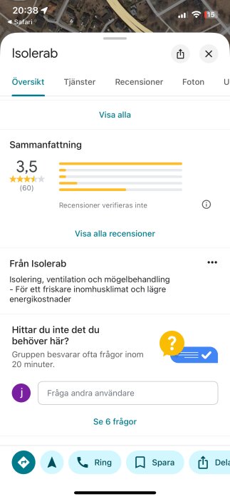 Skärmdump av en företagsprofil för Isolerab med betyget 3,5 av 5 stjärnor baserat på 60 recensioner. Alternativ för kontakt och besparingstips visas.