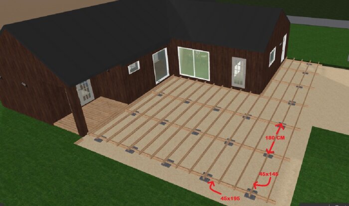 3D-skiss av altanstomme med träreglar över cementplattor vid ett mörkt träfärgat hus, måttangivelser för 45x195 och 45x145 reglar.