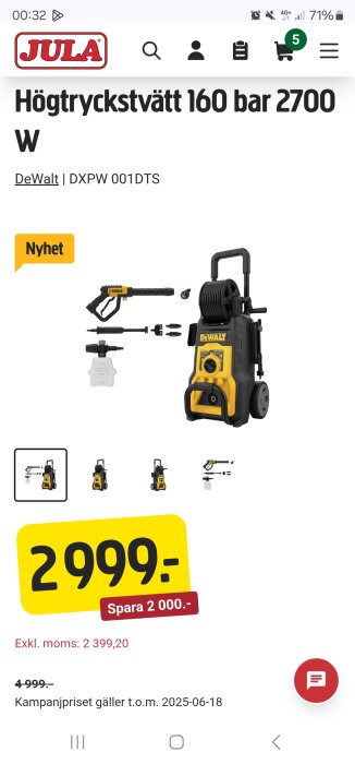 DeWalt högtryckstvätt 160 bar, 2700 W, pris 2999 kr, nedsatt med 2000 kr, hos Jula. Modellen är DXPW 001DTS.