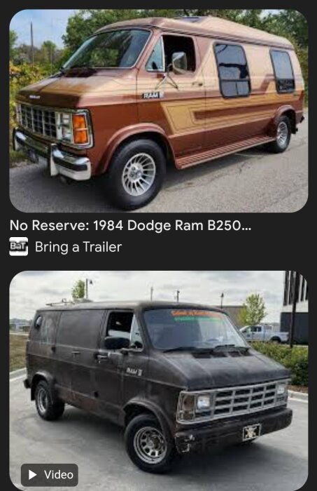 Brun och beige amerikansk van av äldre modell parkerad vid vägkant med träd i bakgrunden.