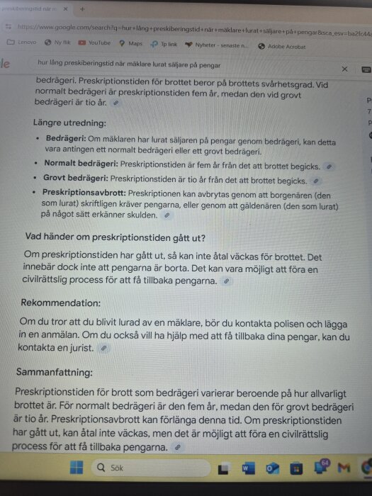 Datorskärm som visar en webbsida om preskriptionstid för brott vid bedrägeri av mäklare, med detaljer kring olika straff beroende på brottets allvarlighetsgrad.
