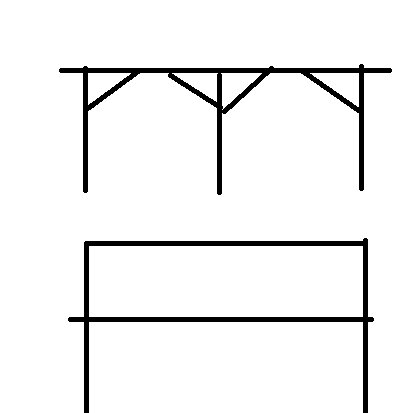 Ritning av träkonstruktion med vertikala och horisontella reglar samt snedsträvor, illustrerar stödstruktur enligt beskrivning för att fördela vikten.