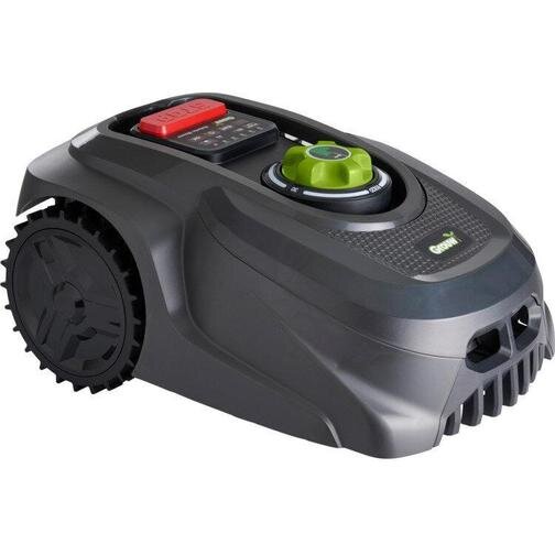 Grouw robotgräsklippare S- modellen med två stora hjul och en kontrollpanel, lämplig för diskussion om underhåll och reservdelar.