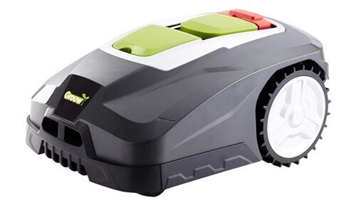 Grouw robotgräsklippare med svart och grå design, grön och röd accent på toppen, och stora hjul, presenterad i diskussion om reservdelar och M800.