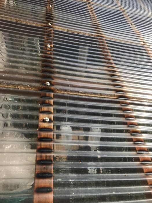 Ribbat plasttak med skruvar, monterat på träbjälkar.