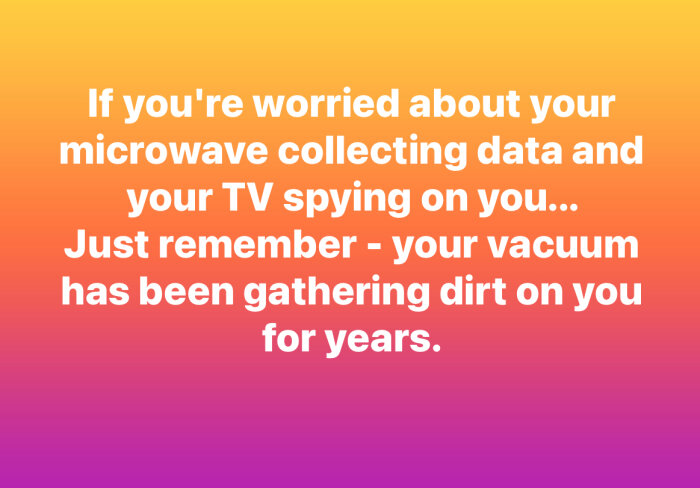 Text om att mikrovågsugnar och TV-apparater kan samla data på en humoristisk bakgrund i gult och rosa.