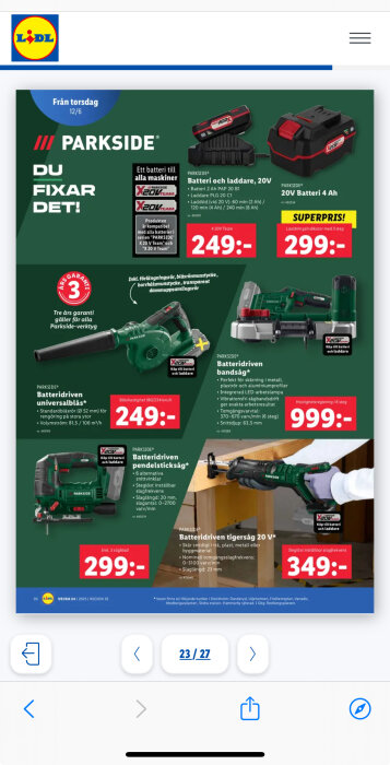 Reklambild från Lidl's reklamblad med Parkside-verktyg såsom batterier, lövblås, bandsåg och tigersåg, priser och garantier synliga.