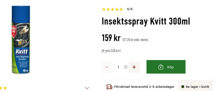 Insektsspray Kvitt 300ml mot flygande insekter, säljs för 159 kr.
