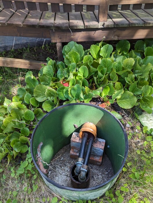 Grön brunn med rörledningar, omgiven av växter och ett träbänk ovanpå.