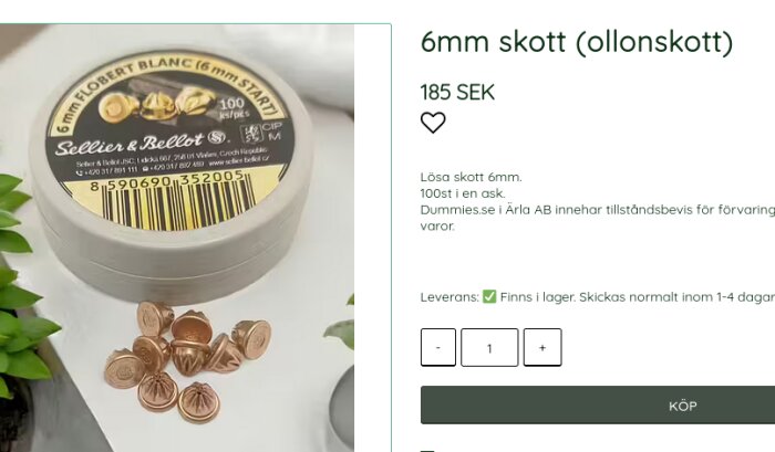 Förpackning med 6 mm skott från Sellier & Bellot, innehållande 100 stycken.