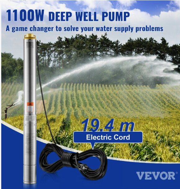 Djupbrunnspump från Vevor, 1100W, med 19,4 m lång elkabel. Annonstext lyfter dess effektiva vattenförsörjningslösningar.