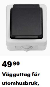 Vägguttag för utomhusbruk i IP54-utförande, svart och vitt, med en skyddshuv över uttaget. Priset är 49,90 SEK.