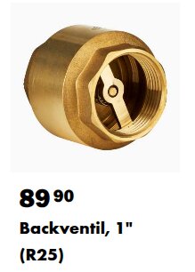 Bild på en backventil, 1 tum (R25). Ventilen är av mässing och visas i närbild. Priset visas som 89,90.