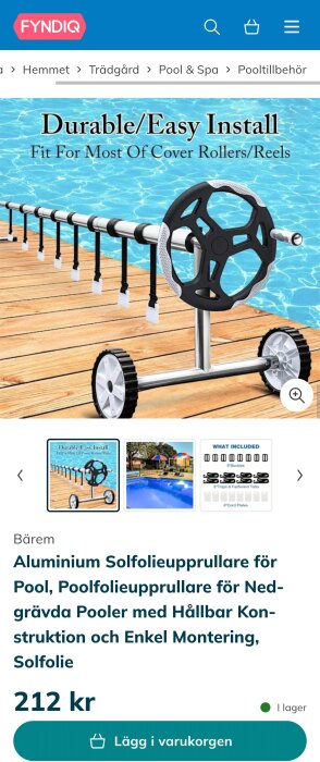 Aluminium solfolieupprullare för pool, visad vid en poolkant med texten "Durable/Easy Install". Priset är 212 kr på Fyndiq.se.