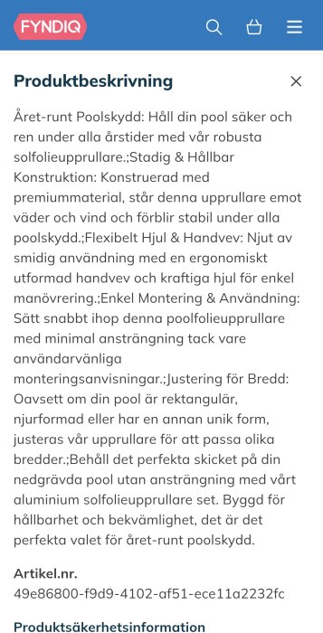 Produktbeskrivning av solfolieupprullare från Fyndiq, beskriver hållbarhet och enkel montering för olika poolbredder, med artikelnummer inkluderat.