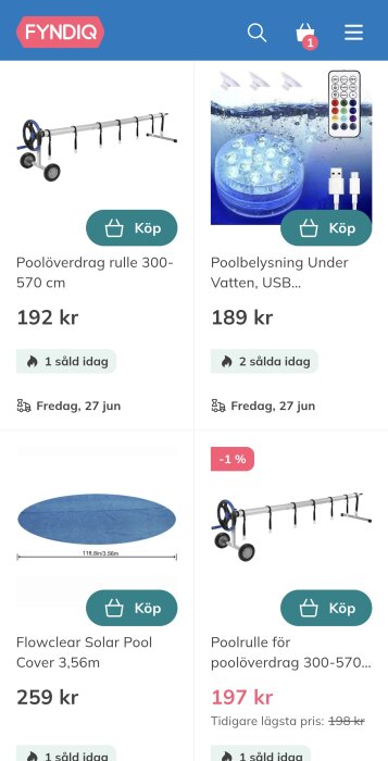 Produktkatalog från Fyndiq med poolöverdrag, poolbelysning, och solskydd för pool.