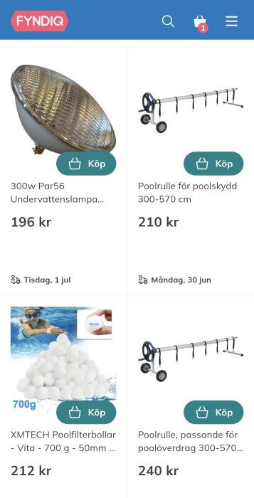 Fyra produktbilder från Fyndiq, inklusive undervattenslampa, poolrulle och poolbollar. Priser och köpknappar visas.