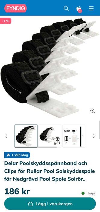 Poolskyddsspännband och clips i svart, på en vit bakgrund. Produkten markeras som erbjudande med pris och köpknapp.