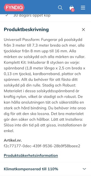 Skärmbild av produktbeskrivning från Fyndiq för ett universellt poolskydd med detaljer om material, dimensioner och installation.