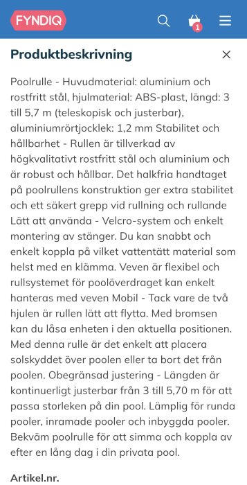 Produktbeskrivning av poolrulle från Fyndiq, tillverkad i aluminium och rostfritt stål, justerbar längd 3-5,7 m, med velcro-system för montering.