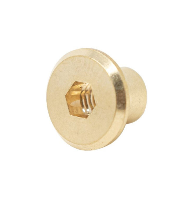 Mässing insexmutter med sexkantigt hål för utemöbler, M6 storlek, diameter 10 mm, längd 10 mm.