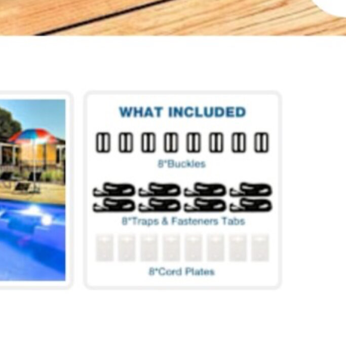 Bild som visar vad som ingår i ett paket: 8 byglar, 8 fästen och stroppar, och 8 snörplattor, illustrerade i lista.