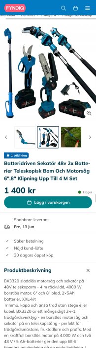 Batteridriven sekatör och motorsåg med teleskoparm, 48V, 4000W, 6" och 8" blad, visas tillsammans med batterier och laddare.