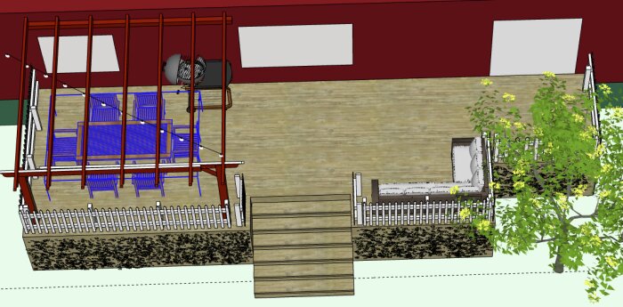 3D-modell av trädäck med pergola, möbler, staket och trappa i trädgårdsmiljö, inklusive ett träd och grill.