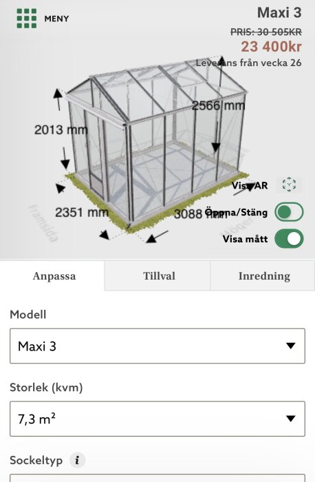 Illustration av ett växthus Maxi 3 från Willab Garden, 7,3 kvm, med måttangivelser. Planerat för odling utan plastmaterial.
