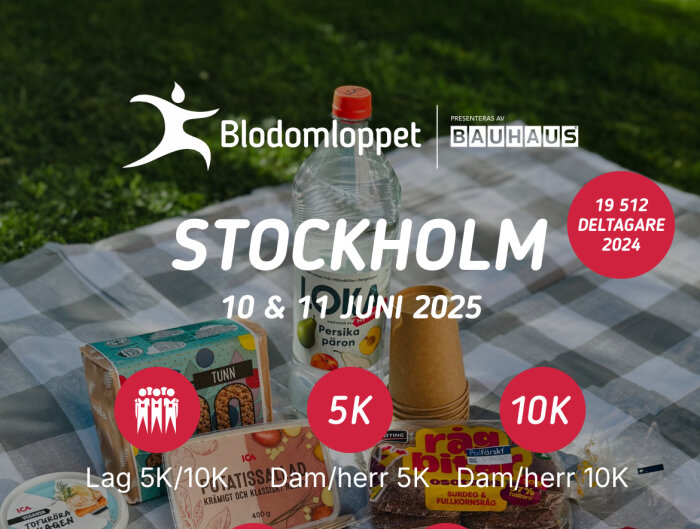 Bilden visar en picknickfilt med olika matprodukter och en flaska, samt texten "Blodomloppet Stockholm 10 & 11 juni 2025" över bilden.