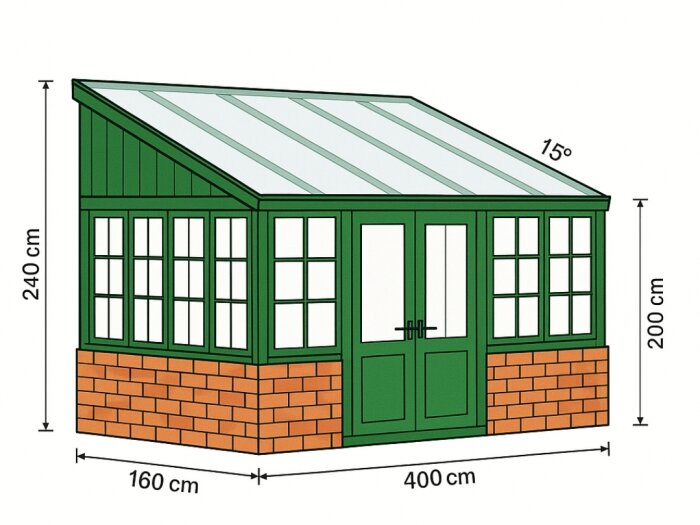 Illustration av ett växthus med gröna träramar, spröjsade fönster och ett pulpettak i PVC. Tegelklädd grund visas, vinklad takvinkel på 15°.