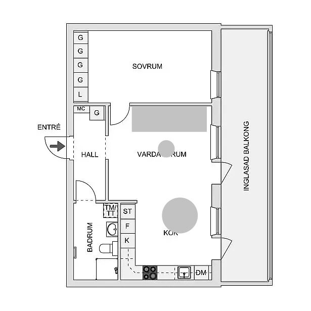Planritning av en liten lägenhet med öppen planlösning och inglasad balkong, visande kök, vardagsrum, sovrum och badrum.