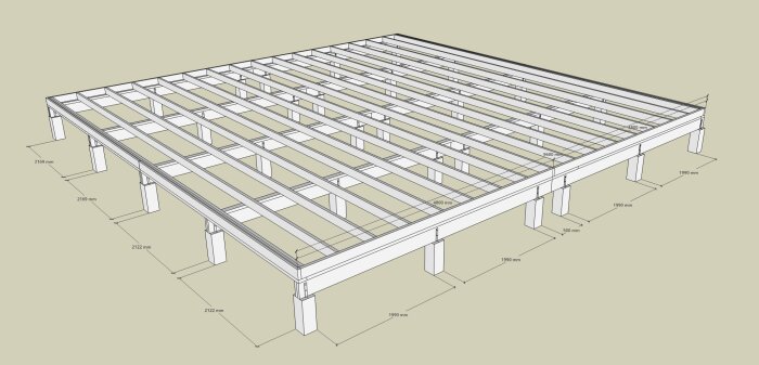 Ritning av grundkonstruktion för fritidshus med bärlina på plintar, inklusive måttangivelser.