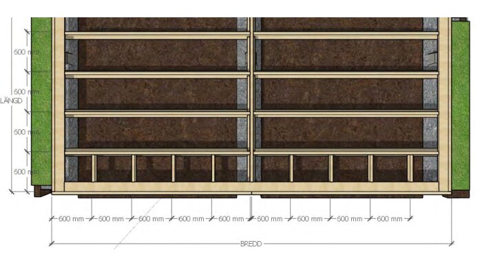 Ritning av bjälklag för ett 60 kvm hus på plintar med tre rader, visande dimensioner och avstånd på 600 mm mellan plintrader.