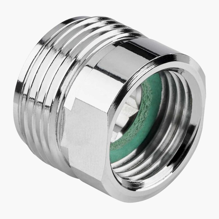 Kromad övergångsnippel med invändig planpackning 20x15, används för VVS-installationer.