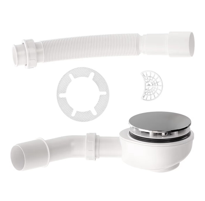 Flexibelt avloppsrör med vattenlås och anslutningsdetaljer.