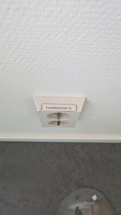 Dubbelt vägguttag på vitmålad vägg med texten "FAVORISERAD EL".