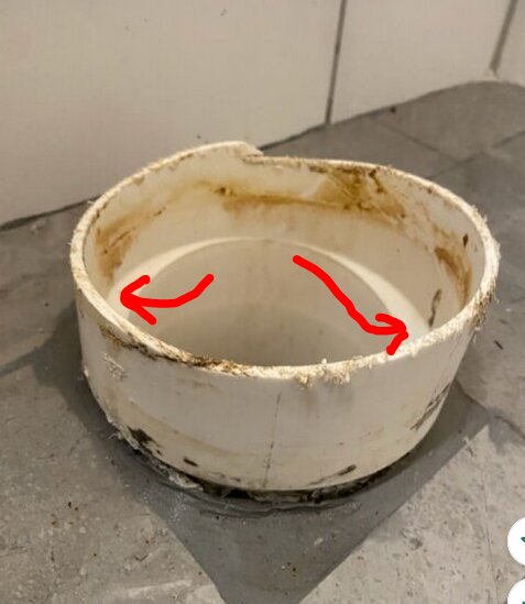 Excentrisk WC-stos av vit plast med markeringar förskjutna från mitten, placerad på ett golv.