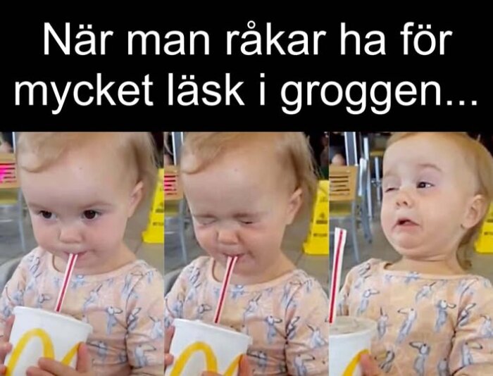 En liten flicka dricker läsk ur ett sugrör med olika ansiktsuttryck, från neutral till överraskad. Textruta ovanför.