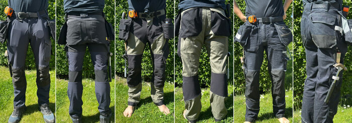 Sex par arbetsbyxor av olika märken och stilar fotograferade utomhus, på personer, med trädgård i bakgrunden.