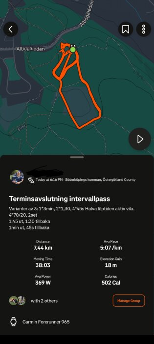 Karta över löprunda i Söderköpings kommun, längd 7,44 km, tempo 5:07/km, höjdökning 18 m, 502 kalorier förbrända, data från Garmin Forerunner 965.