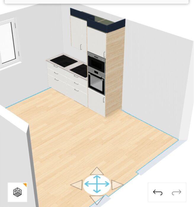 3D-ritning av kök med vita skåp, svart bänkskiva och vitvaror, blå markering för takanslutning och träliknande golv.