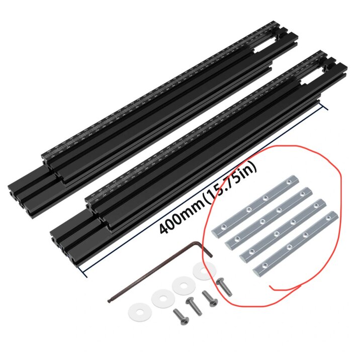 Svarta linjärskenor med 400 mm mått, metallskenor markerade i rött, insexnyckel och fästdetaljer som brickor och skruvar.