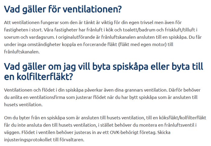 Bild på en informationssida om ventilation och spiskåpor, med rubriker om vad som gäller för ventilation och byte av spiskåpa eller kolfilterfläkt.