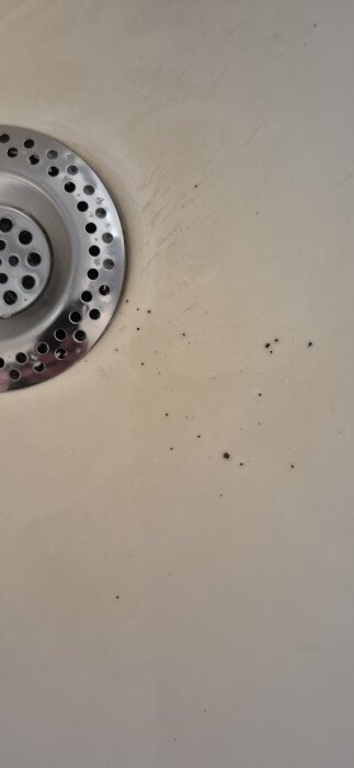Dräneringsbrunn med små partiklar, troligen rost eller grus, samlade efter en kort tids spolning i en diskho.