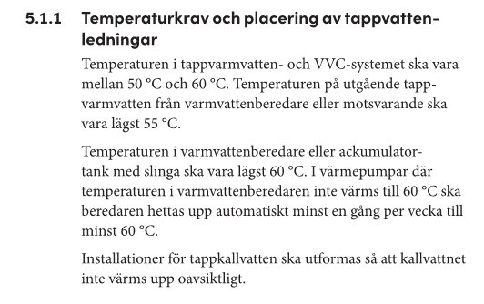 Temperaturkrav för tappvattenledningar från Säker Vatten 2021, med specifikationer för tappvarmvatten och VVC-system, visas i en lista.
