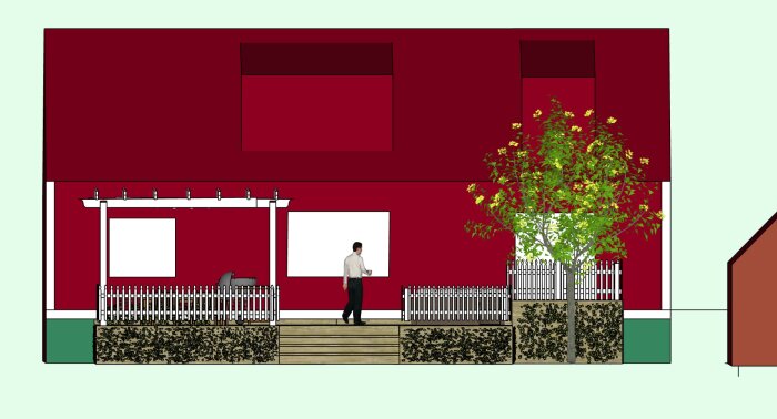 Illustration av ett rött hus med en altan, pergola och staket. En man står på altanen, och ett träd syns framför byggnaden.