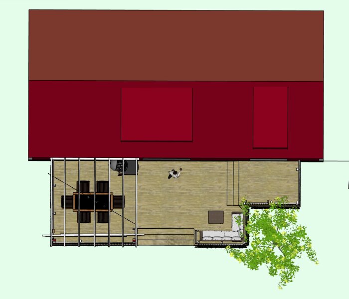 Ritning av altan med pergola, matplats och sittgrupp integrerad med staket vid ett rött hus, sedd ovanifrån.