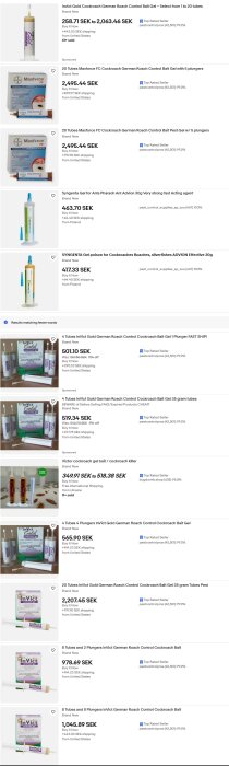 Bild av olika cockroach gel produkter från eBay med prisuppgifter i SEK. Produkterna inkluderar InVict Gold och Maxforce FC gel för skadedjursbekämpning.